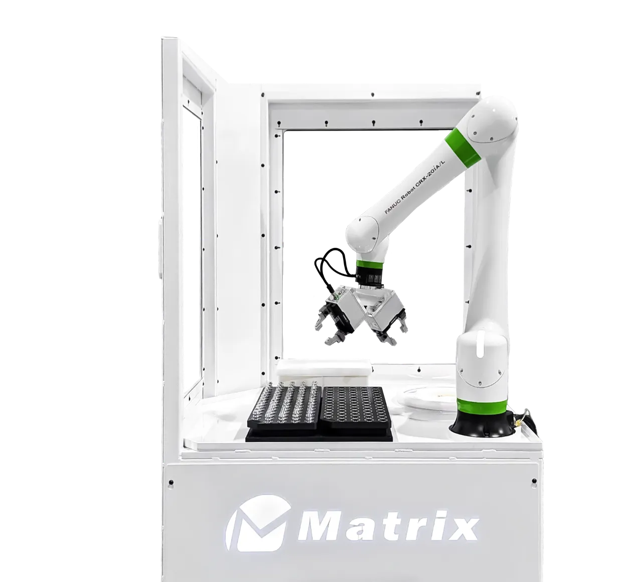 White robotic arm in a glass-free enclosure, gripping a microplate for automated lab work (Matrix branding).