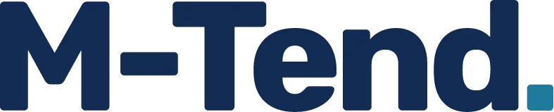 Logo for M-Tend. with dark blue wordmark and a teal dot at the end