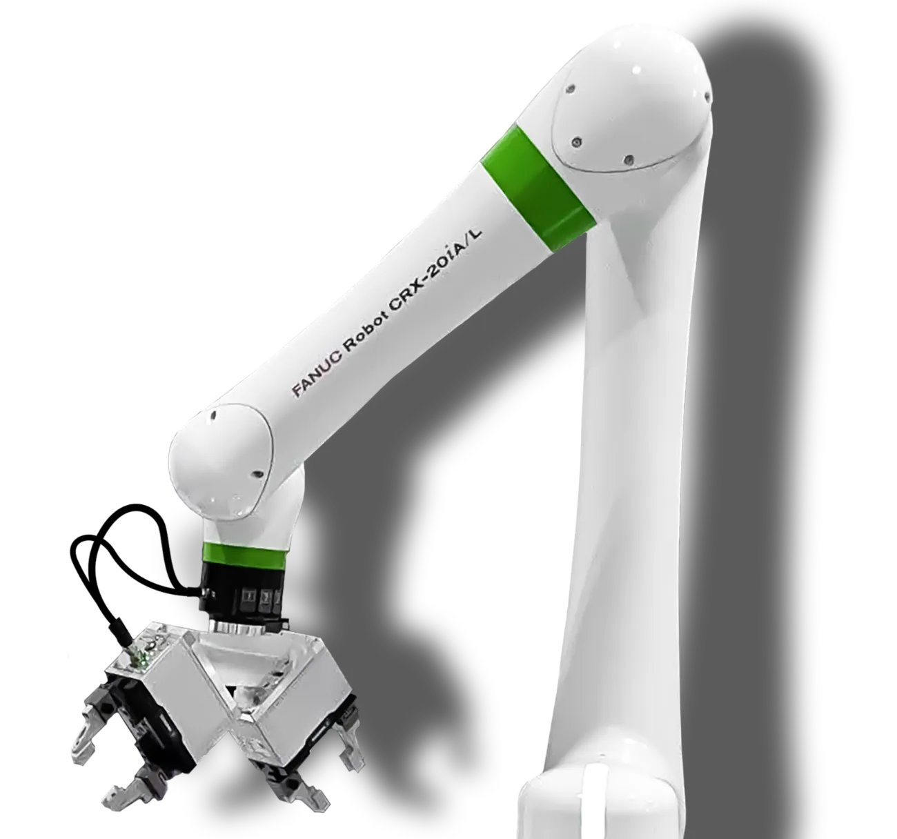 White FANUC CRX-201L collaborative robot arm with green accents and a metal end-effector/gripper against a black background, angled diagonally across the image.