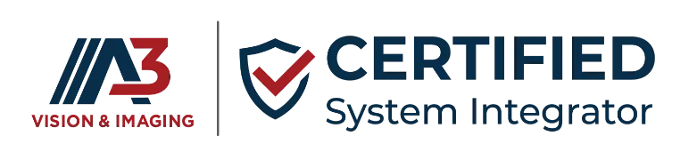 A3 Vision & Imaging logo next to a blue 'CERTIFIED System Integrator' badge with a red checkmark in a shield.