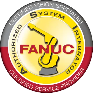 Circular FANUC certification badge stating 'System Integrator' and 'Authorized Service Provider' with a robotic arm graphic in a yellow center.